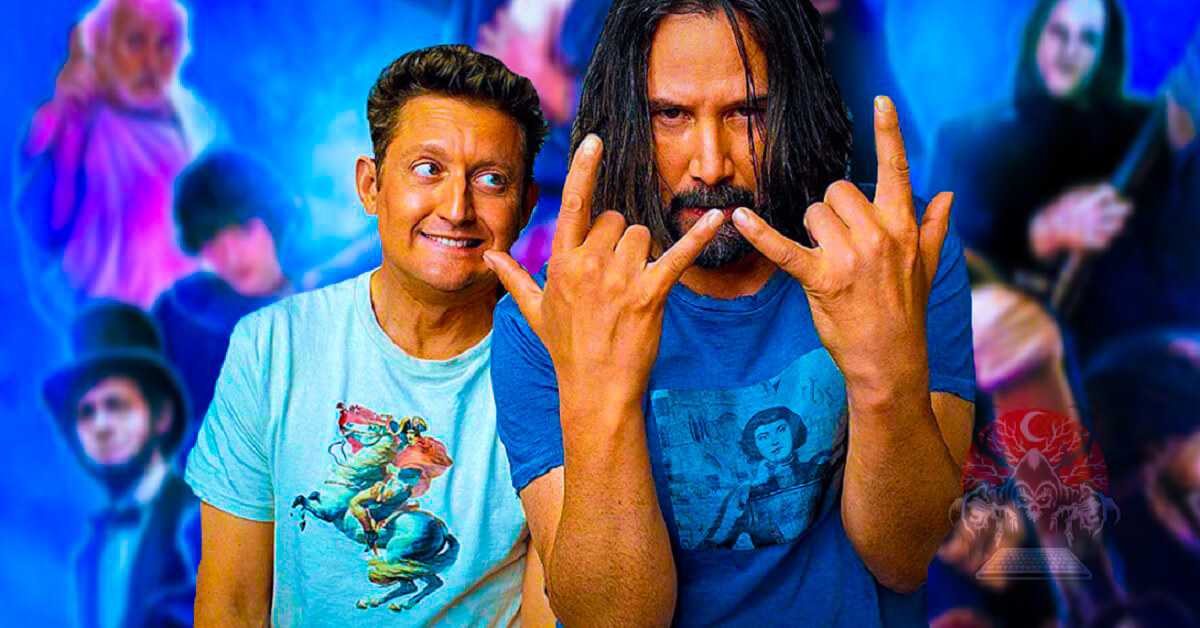 Keanu Reeves dan Alex Winter berpose di depan latar poster film Bill & Ted Face the Music